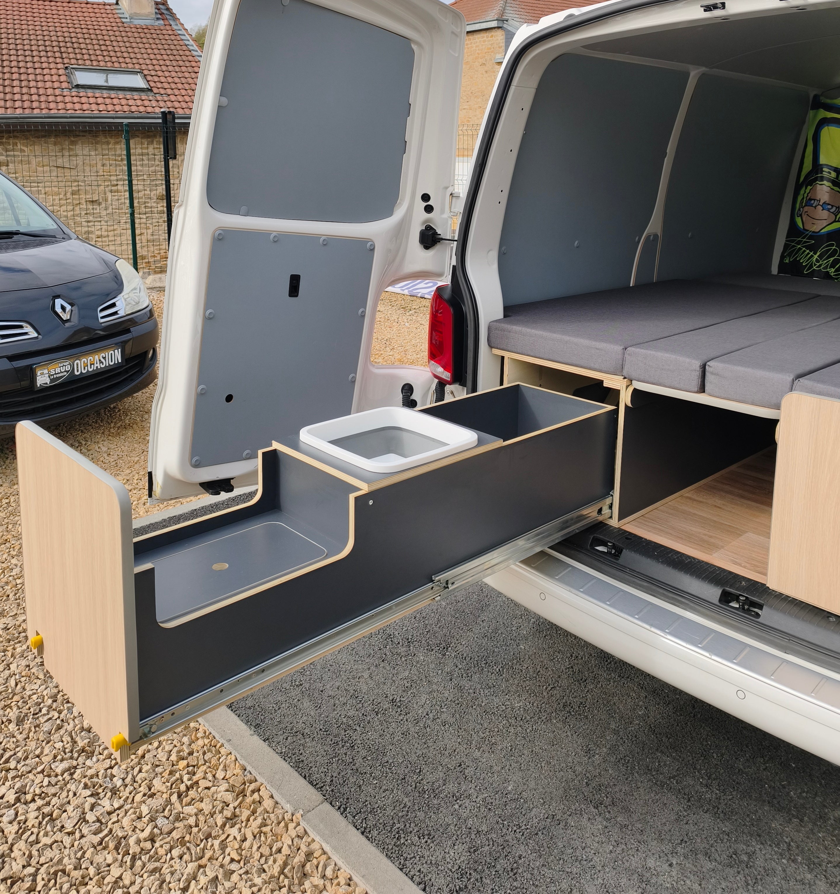 Banquette double en U avec 2 tiroirs coulissants